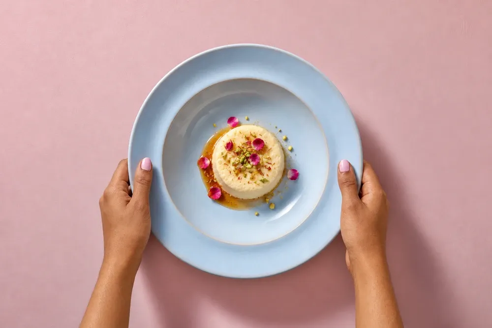 Bhapa doi dessert on blue-grey plate.