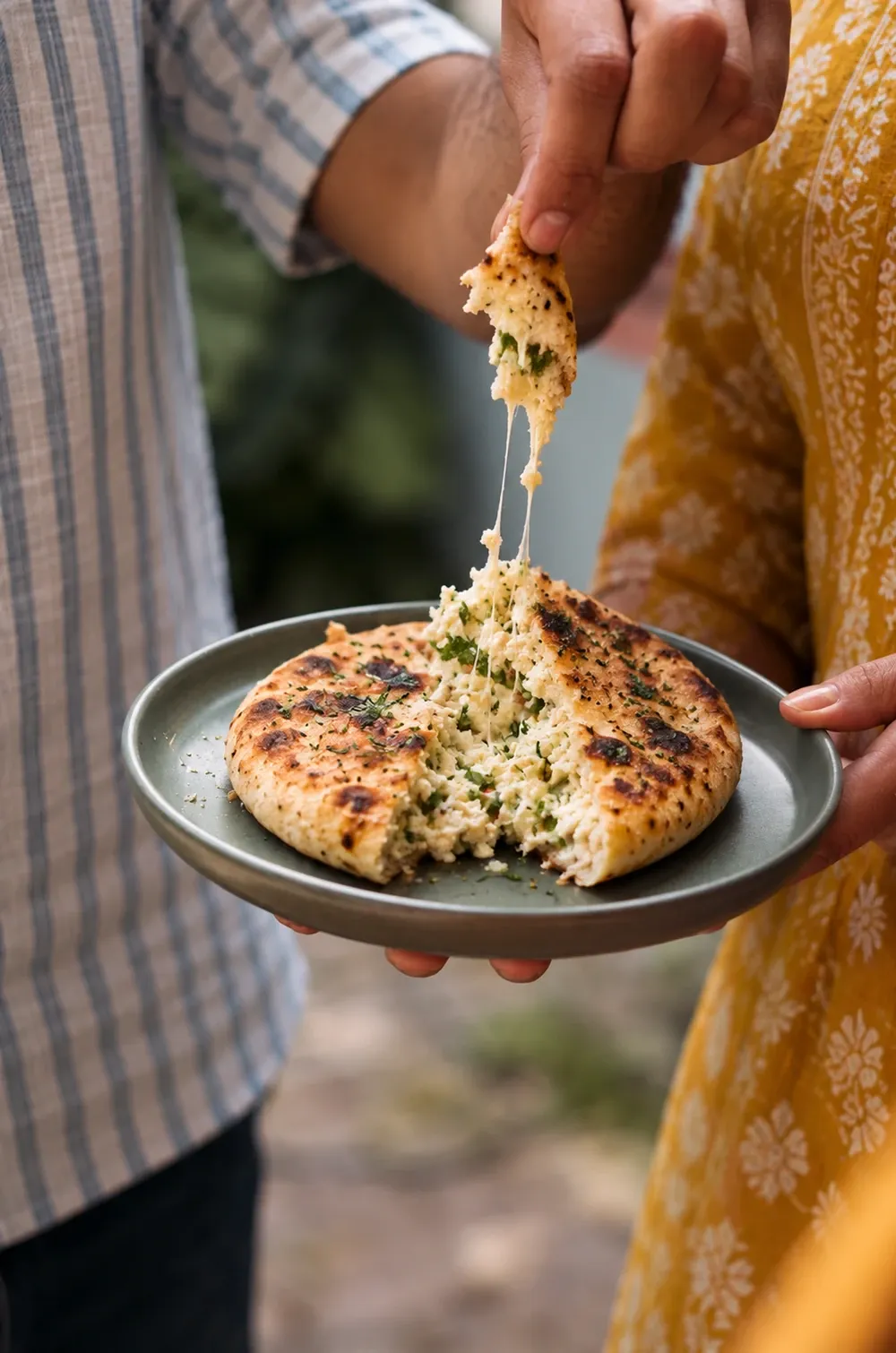 South Indian diners sharing a warm paneer-stuffed kulcha on glazed dinnerware.