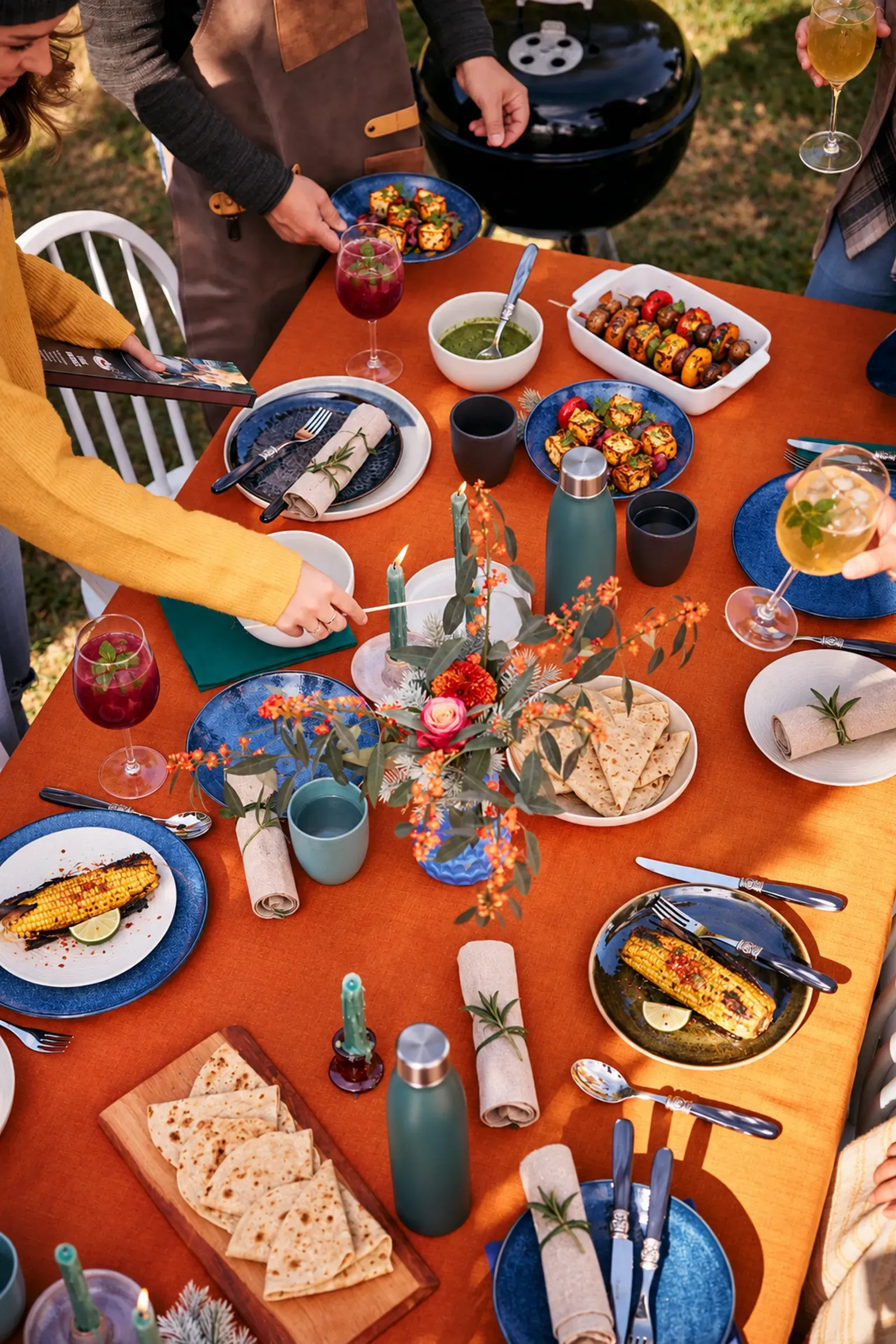 Overhead Indian garden sharing table.