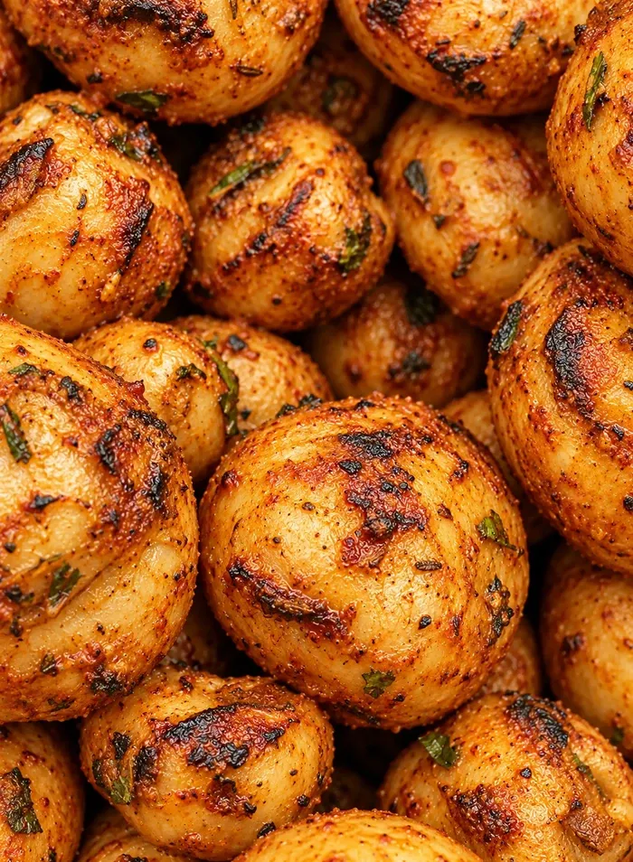 A close detail of lightly charred tandoori mushrooms.