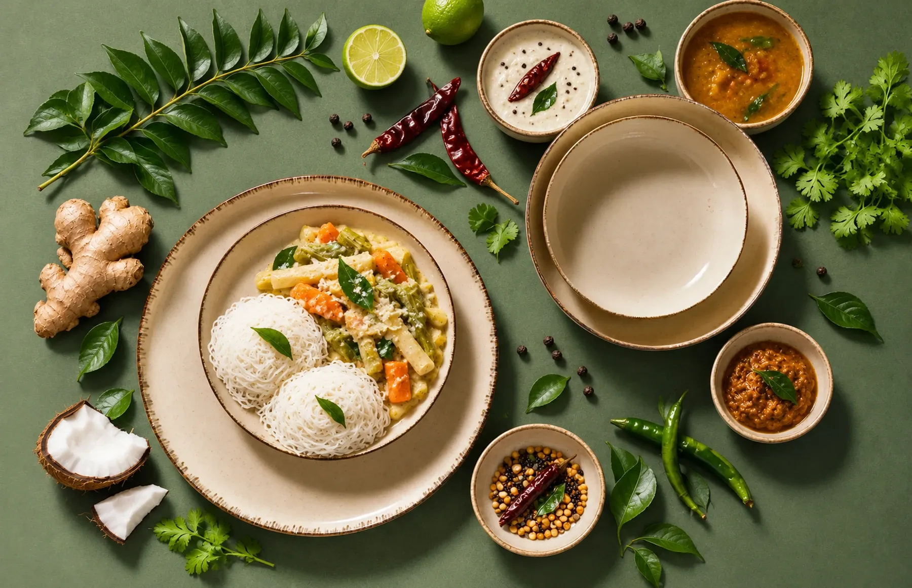 Antigo Creme dinnerware arranged with small vegetable-avial portions with two mini idiyappam nests.