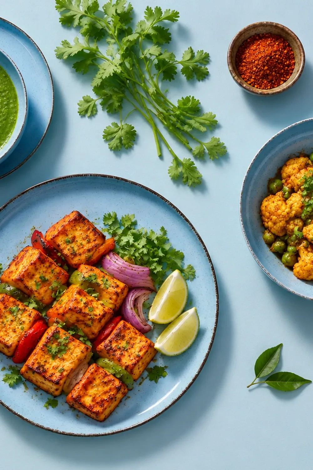 Antigo Light Blue dinnerware arranged with paneer tikka and a small vegetable preparation.