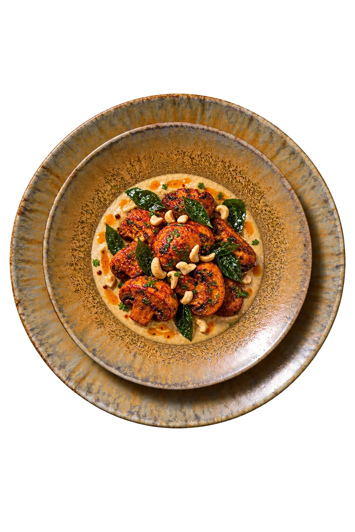 Cecil dinnerware serving tandoori mushrooms with a restrained cashew sauce and curry-leaf garnish.