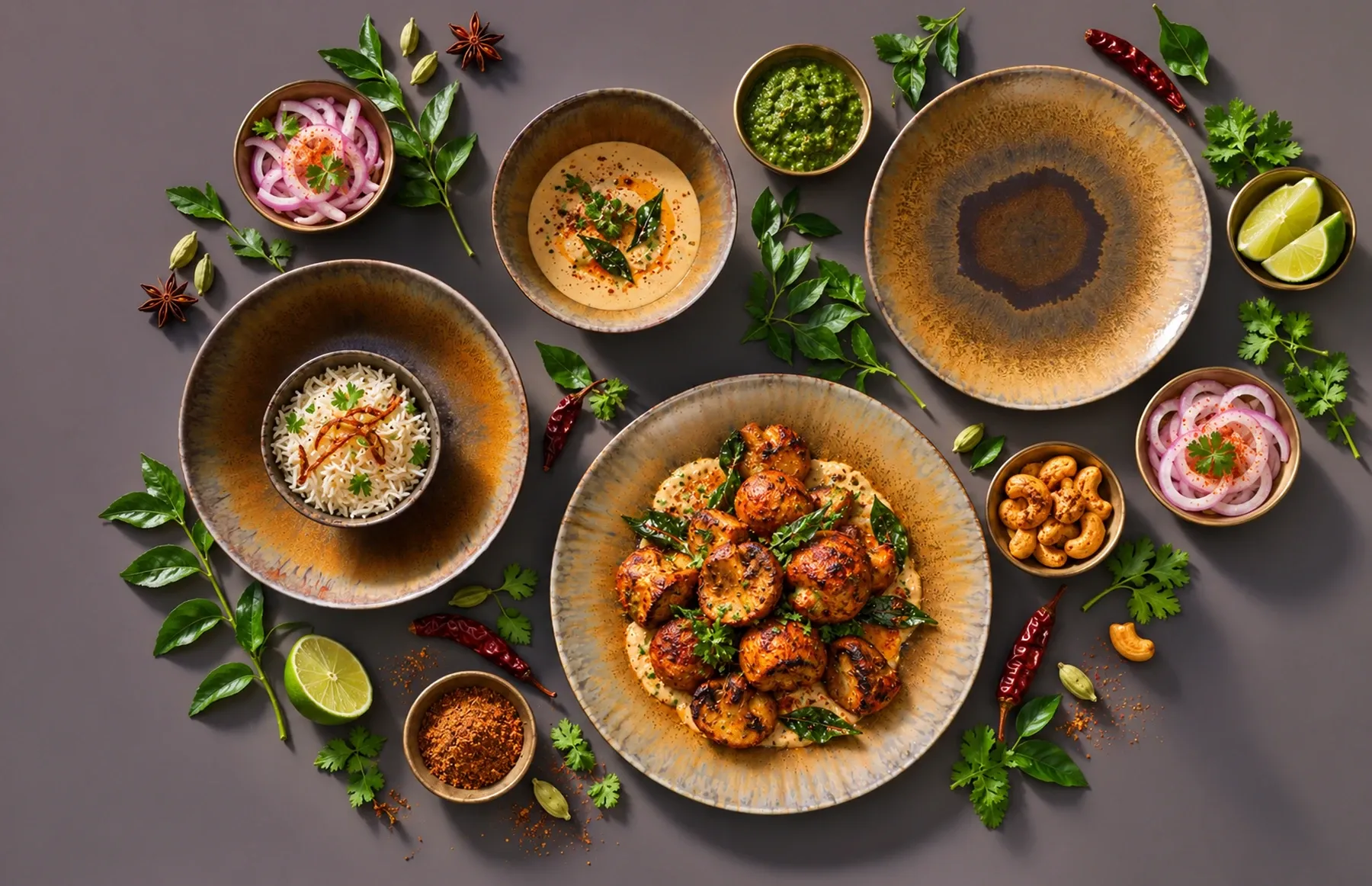 Cecil dinnerware arranged with tandoori mushrooms with a restrained cashew sauce and curry-leaf garnish.