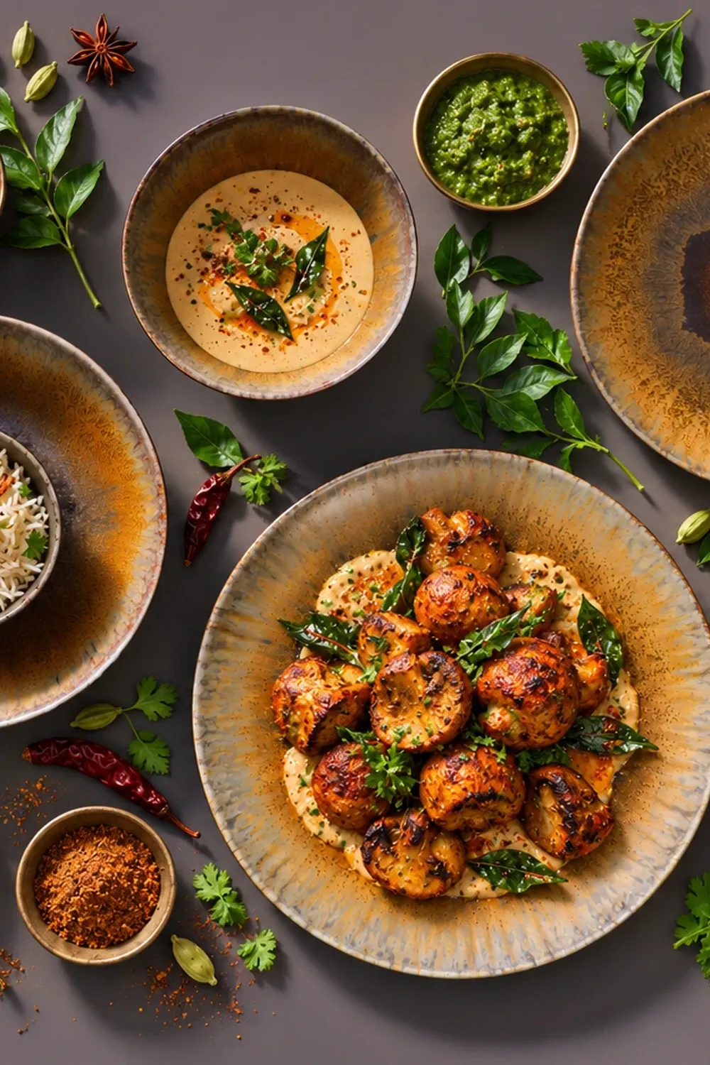 Cecil dinnerware arranged with tandoori mushrooms with a restrained cashew sauce and curry-leaf garnish.