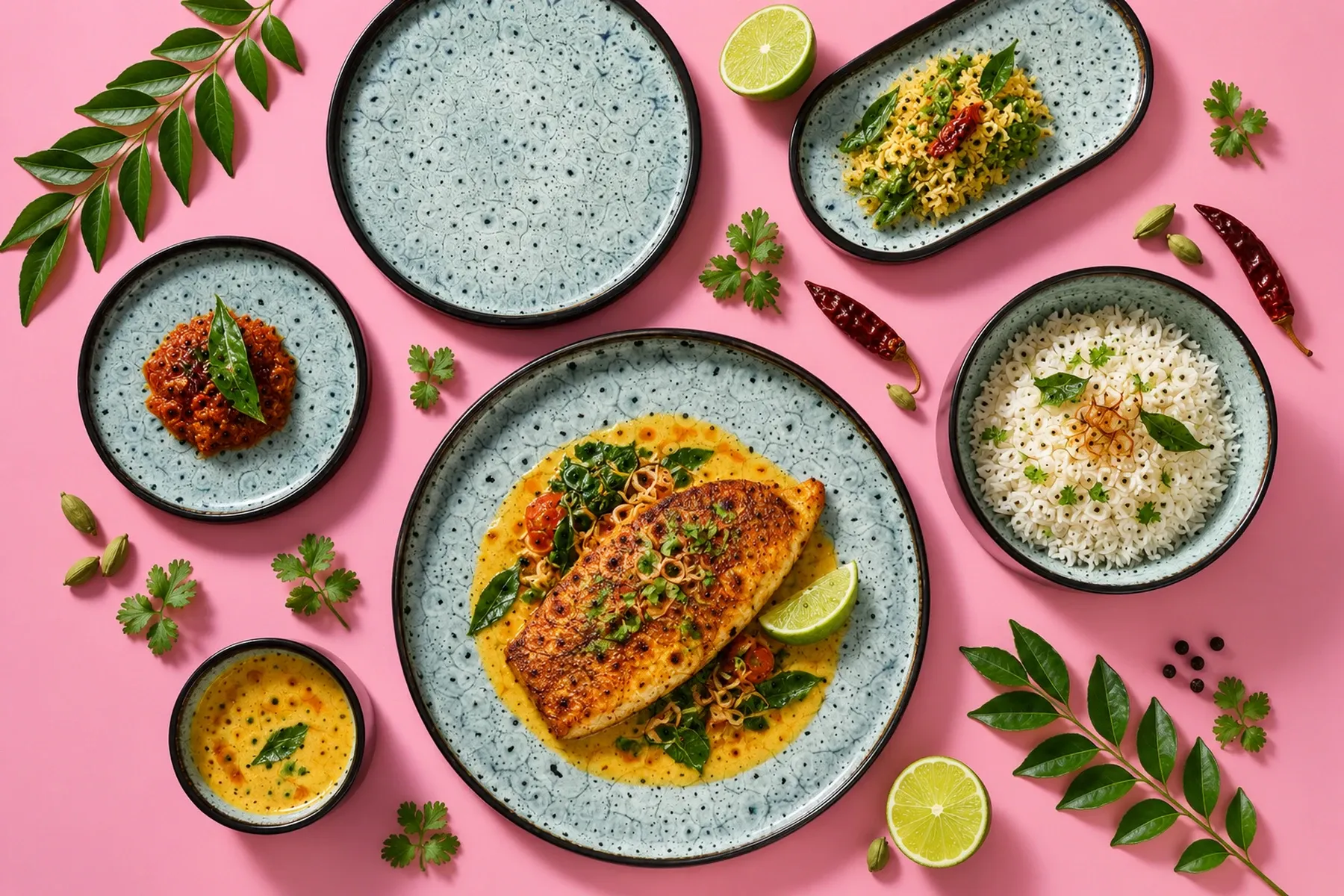 Coco Blue dinnerware arranged with pan-seared coastal fish with a small coconut-curry emulsion.