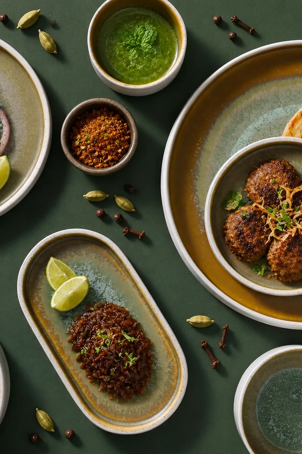 Coco Green dinnerware arranged with lamb galouti with a small warqi-paratha round and mint chutney.