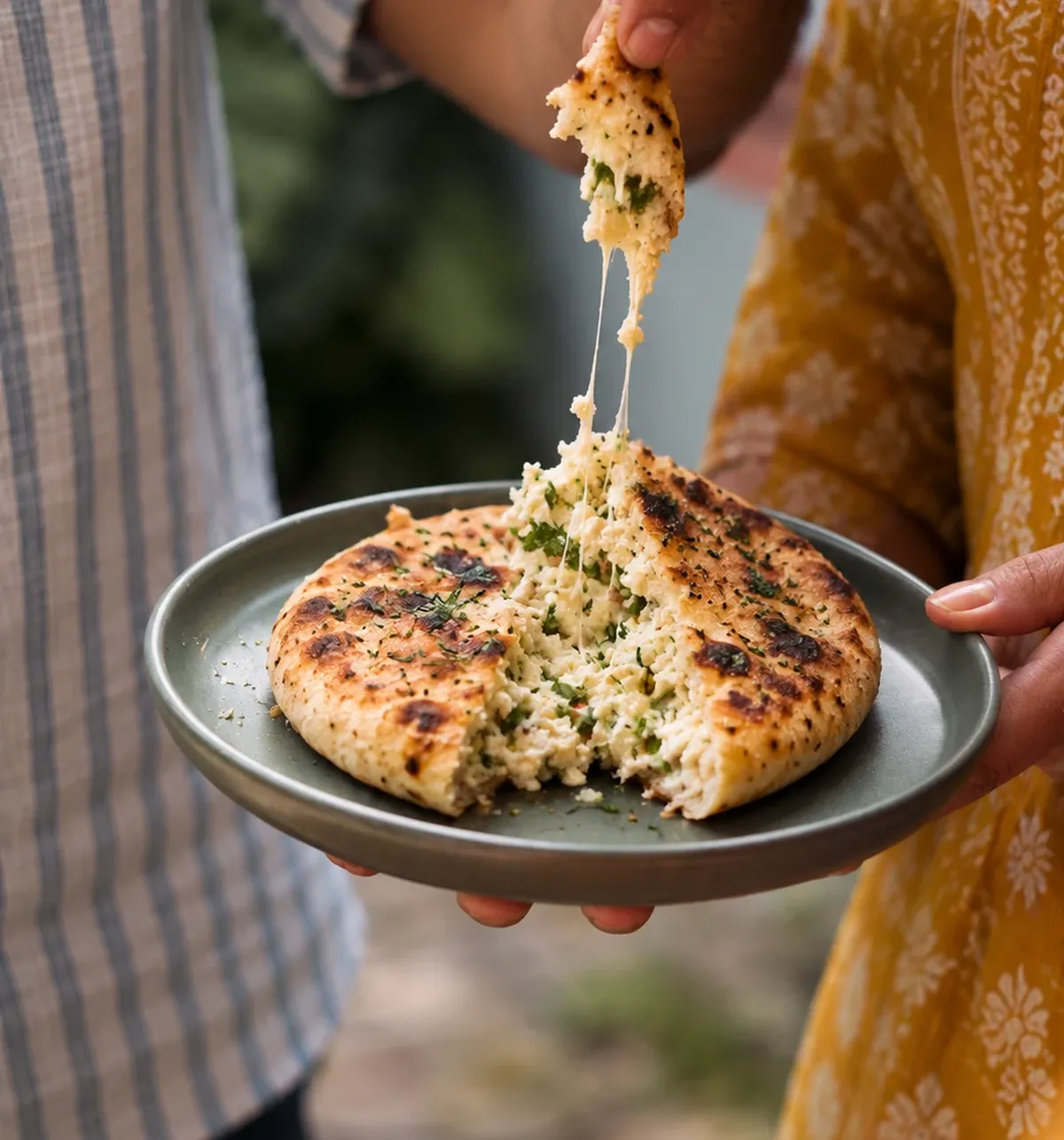South Indian diners sharing a warm paneer-stuffed kulcha on glazed dinnerware.
