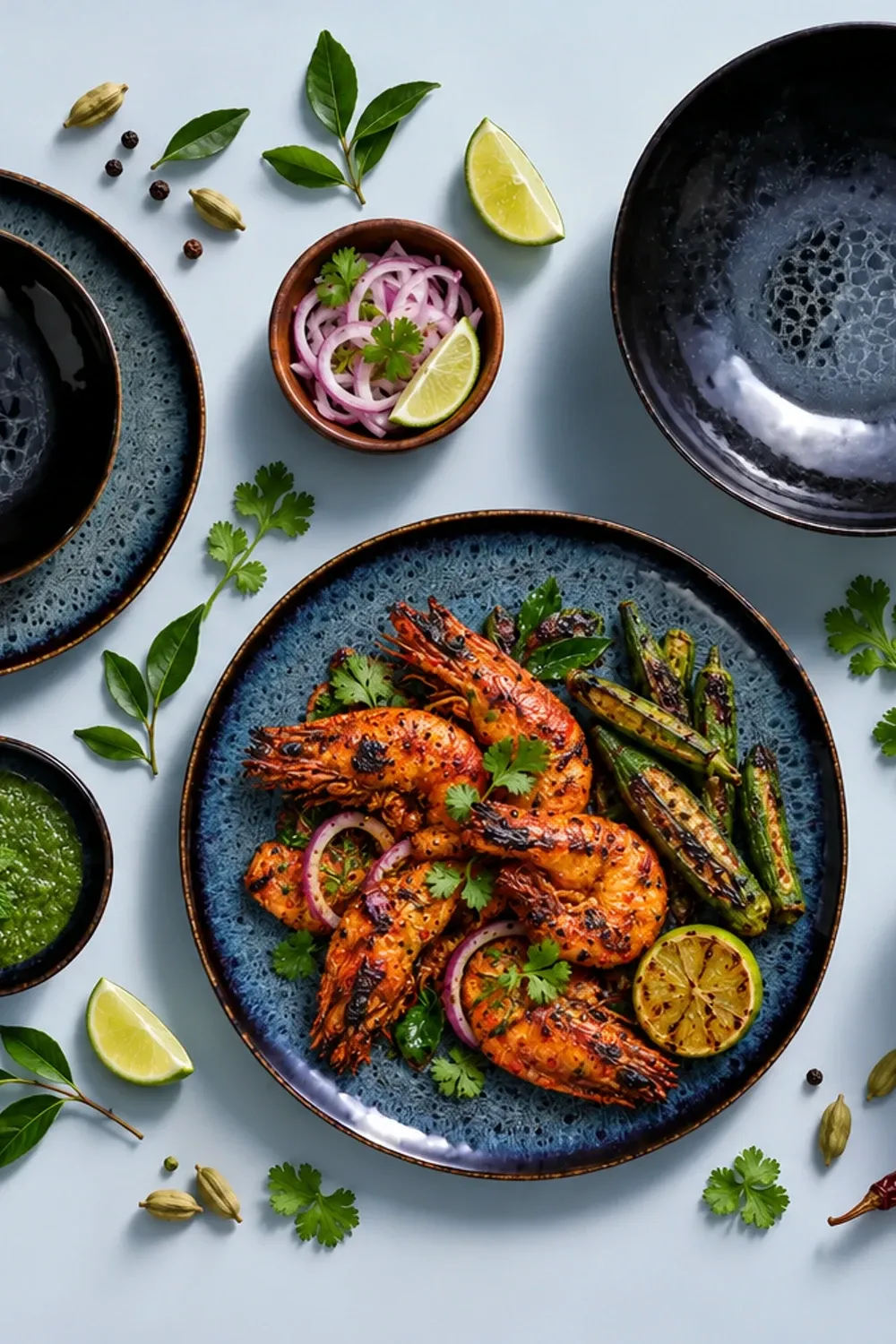 Eccentric dinnerware arranged with tandoori prawns with charred okra and a little mint chutney.