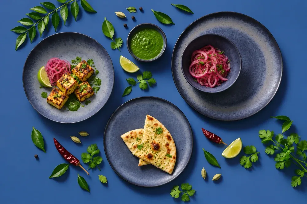 Houston dinnerware arranged with small paneer kebabs with coriander chutney and pickled onion.