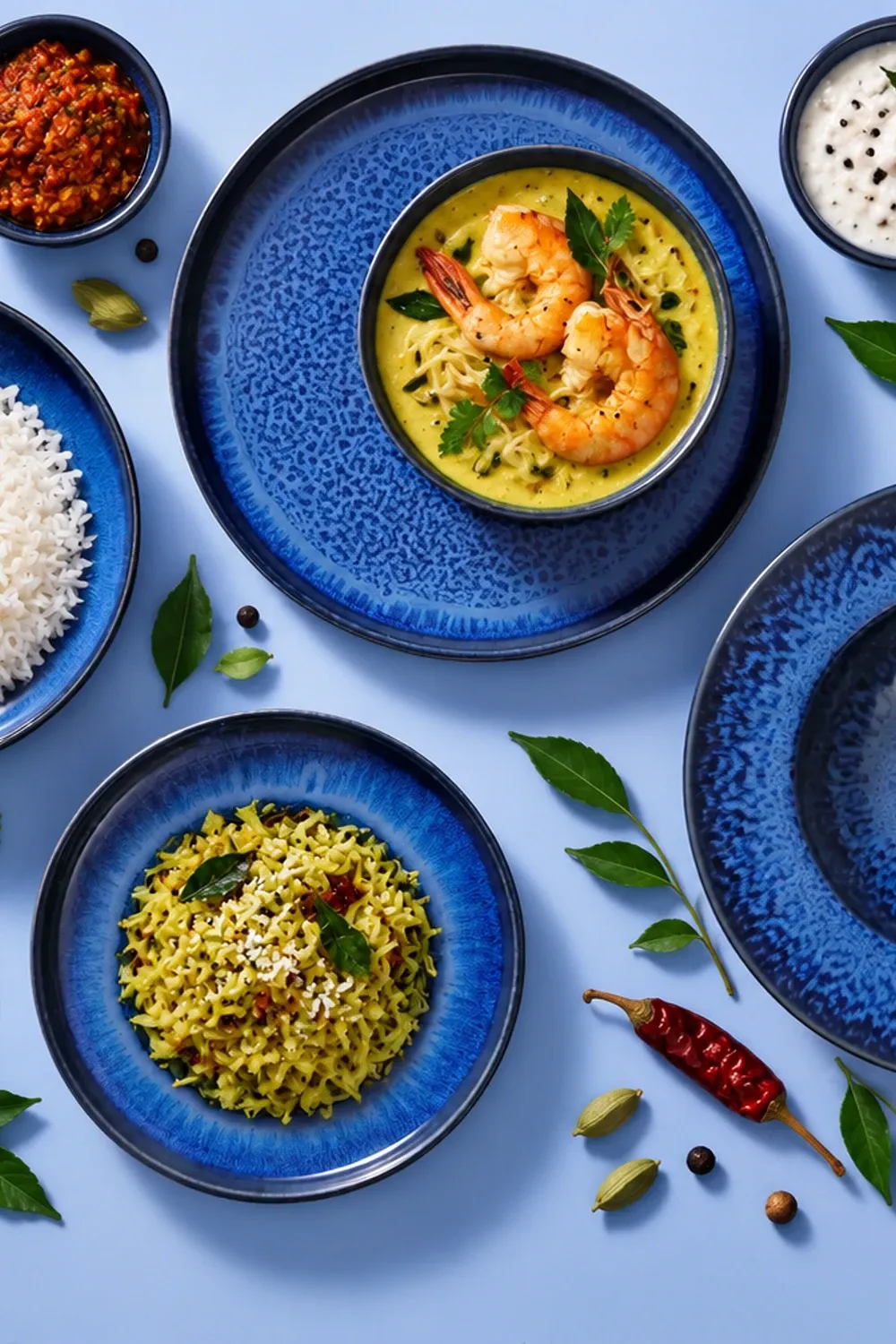 Jory dinnerware arranged with three prawns in a restrained golden Kerala-style moilee sauce.