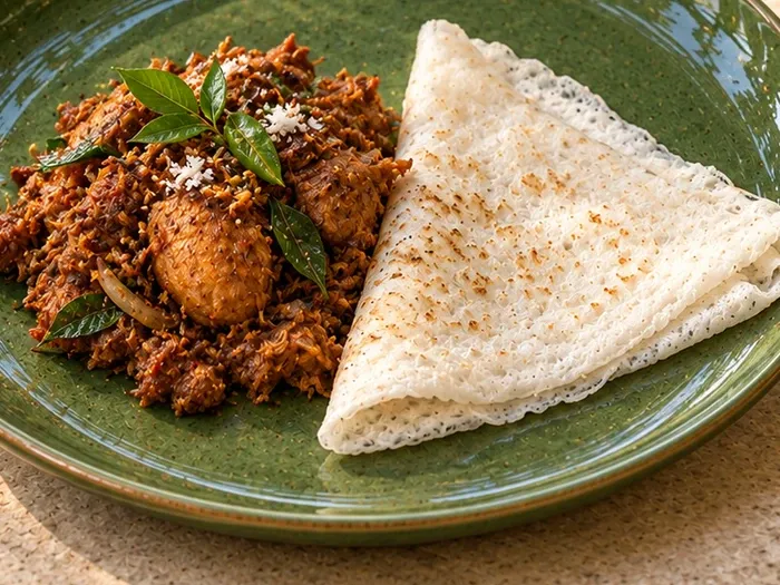 A close detail of coastal Karnataka chicken sukka with a folded neer dosa on Kabini stoneware.