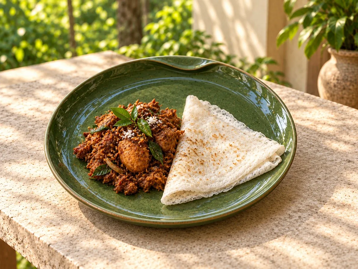 Kabini stoneware serving coastal Karnataka chicken sukka with a folded neer dosa.