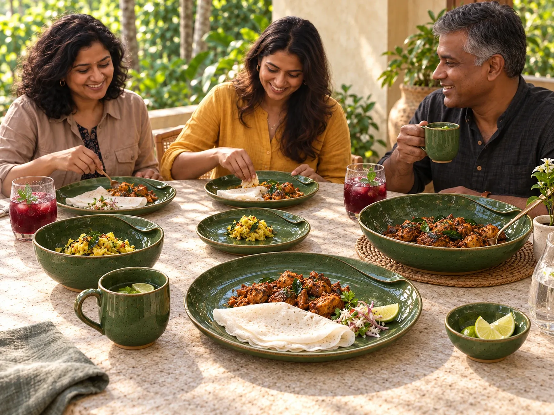 South Indian diners sharing an Indian meal with Kabini dinnerware.