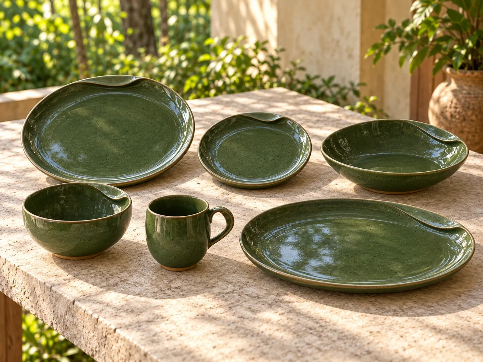 Kabini six-piece stoneware range on a light limestone table.