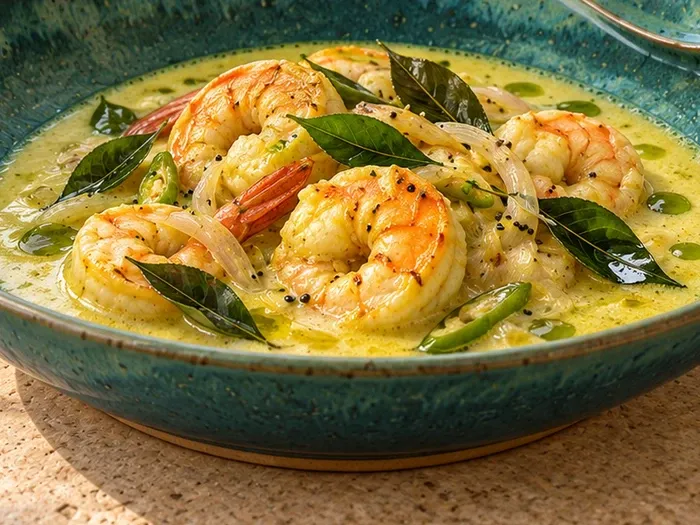 A close detail of Kerala prawn moilee with curry-leaf oil on Kaveri stoneware.
