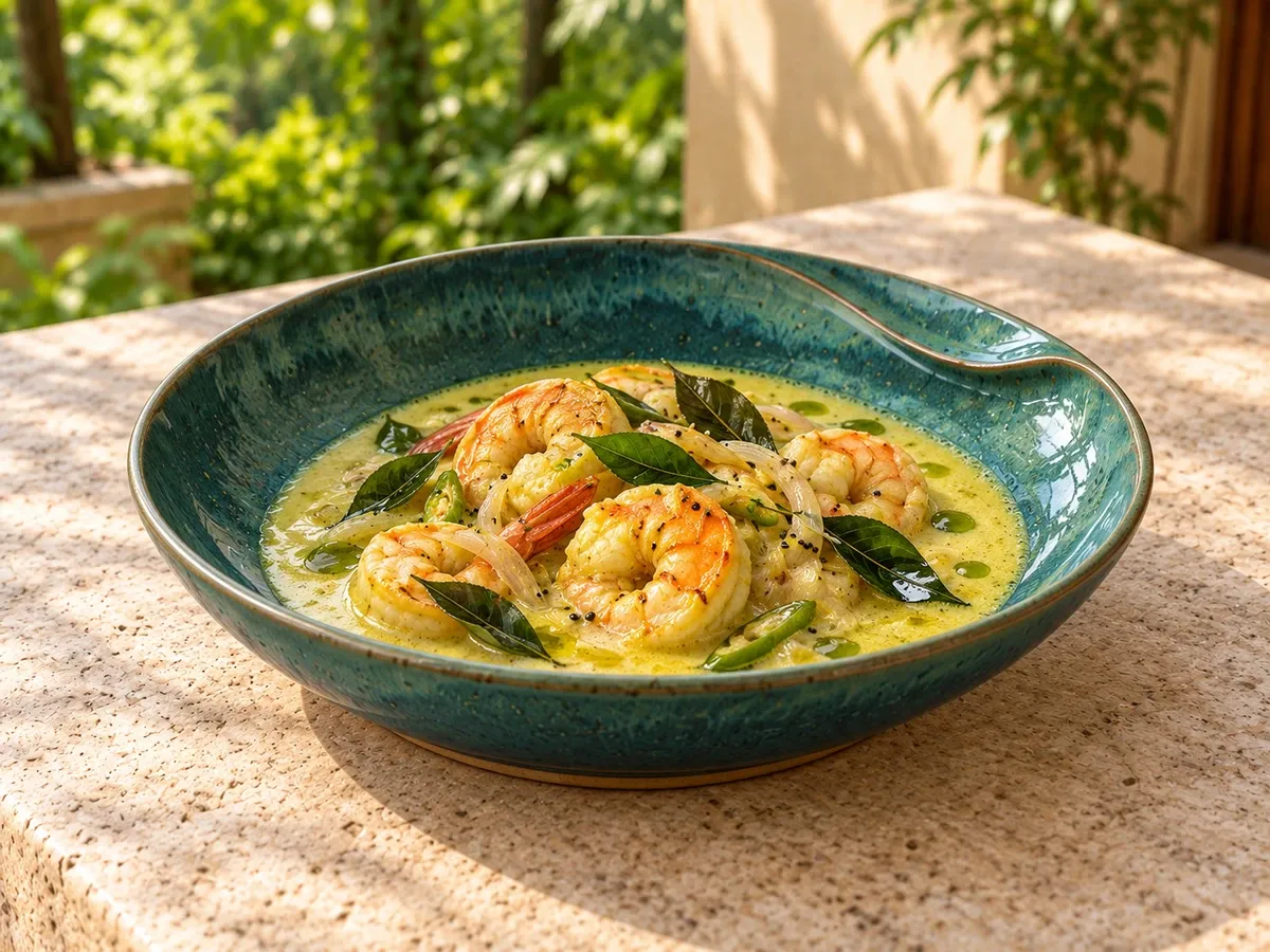 Kaveri stoneware serving Kerala prawn moilee with curry-leaf oil.