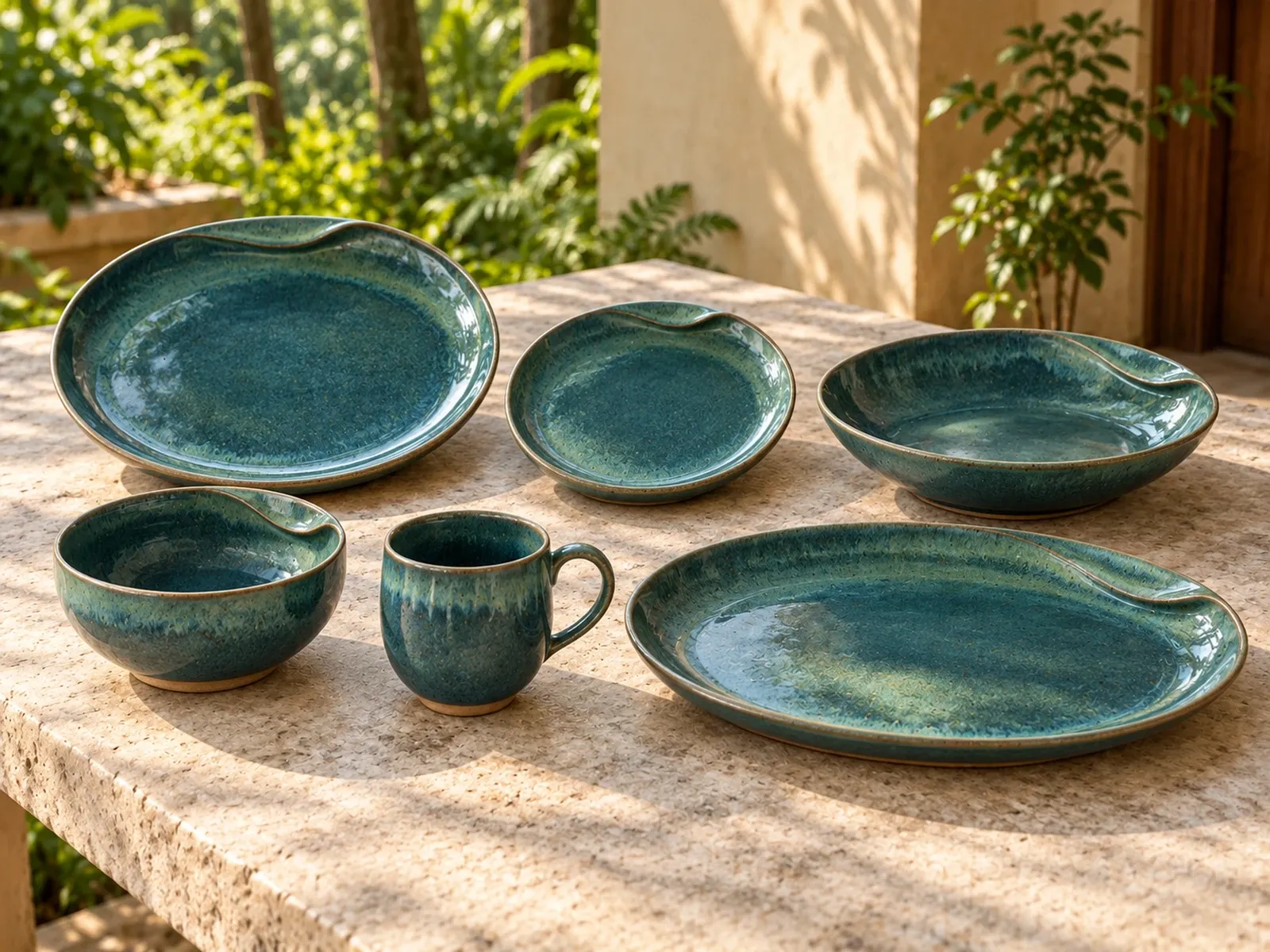 Kaveri six-piece stoneware range on a light limestone table.