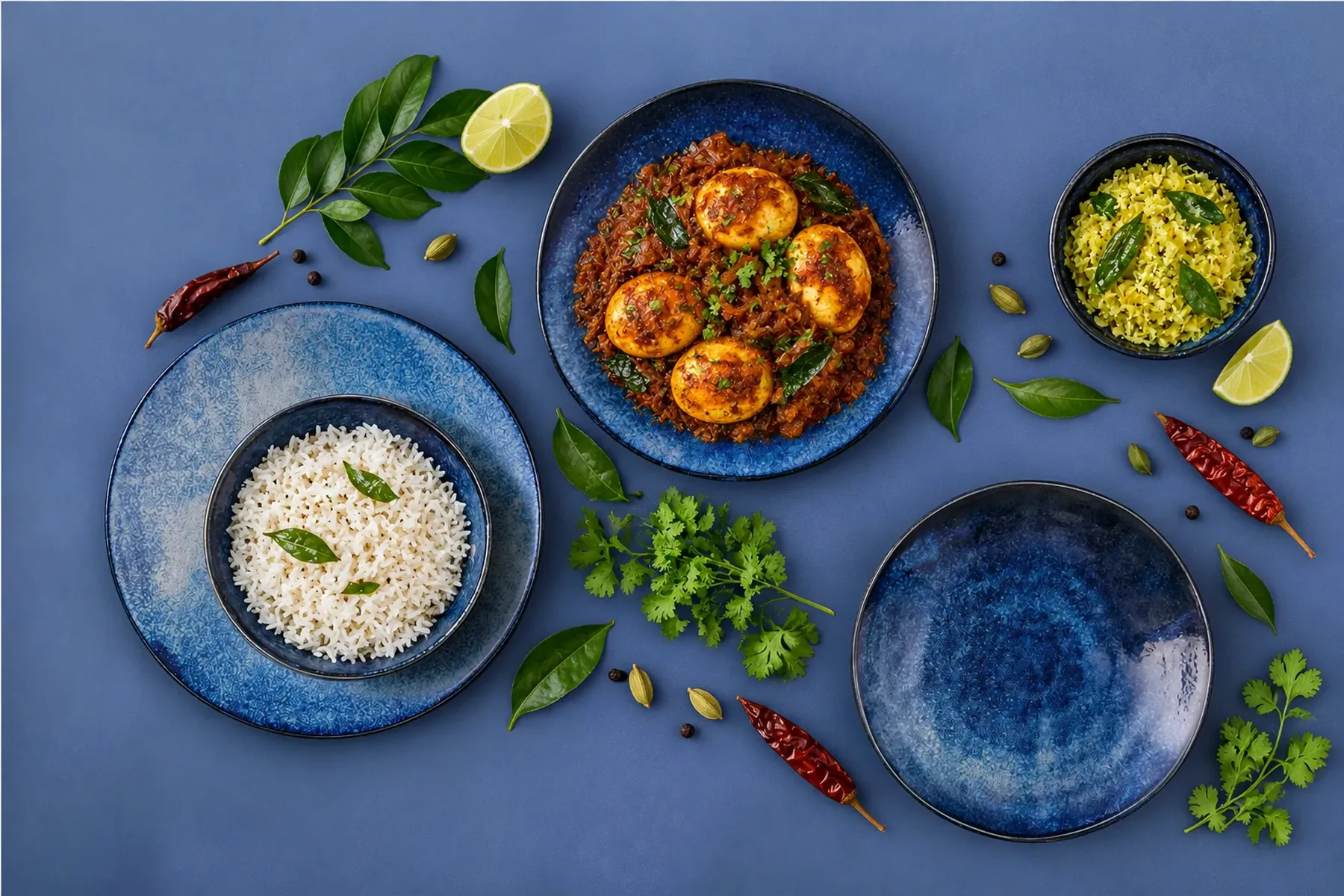Kiryu dinnerware arranged with Kerala egg roast with a neat vegetable accompaniment.