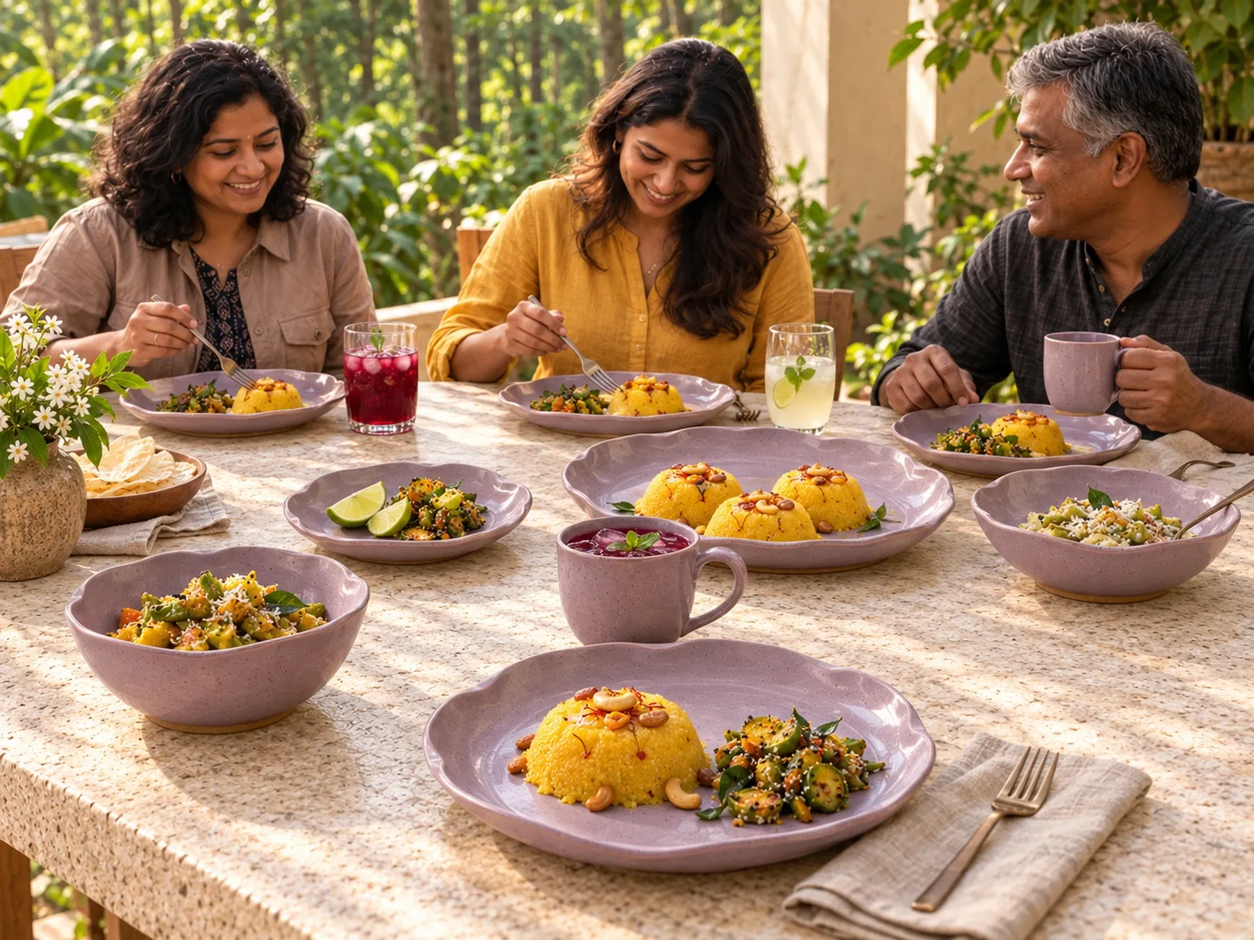 South Indian diners sharing an Indian meal with Kurinji dinnerware.