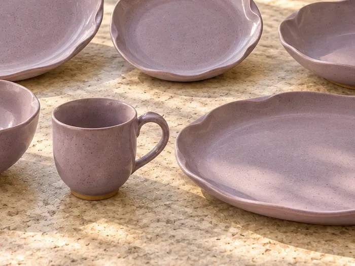 A close detail of Kurinji stoneware forms and glaze.