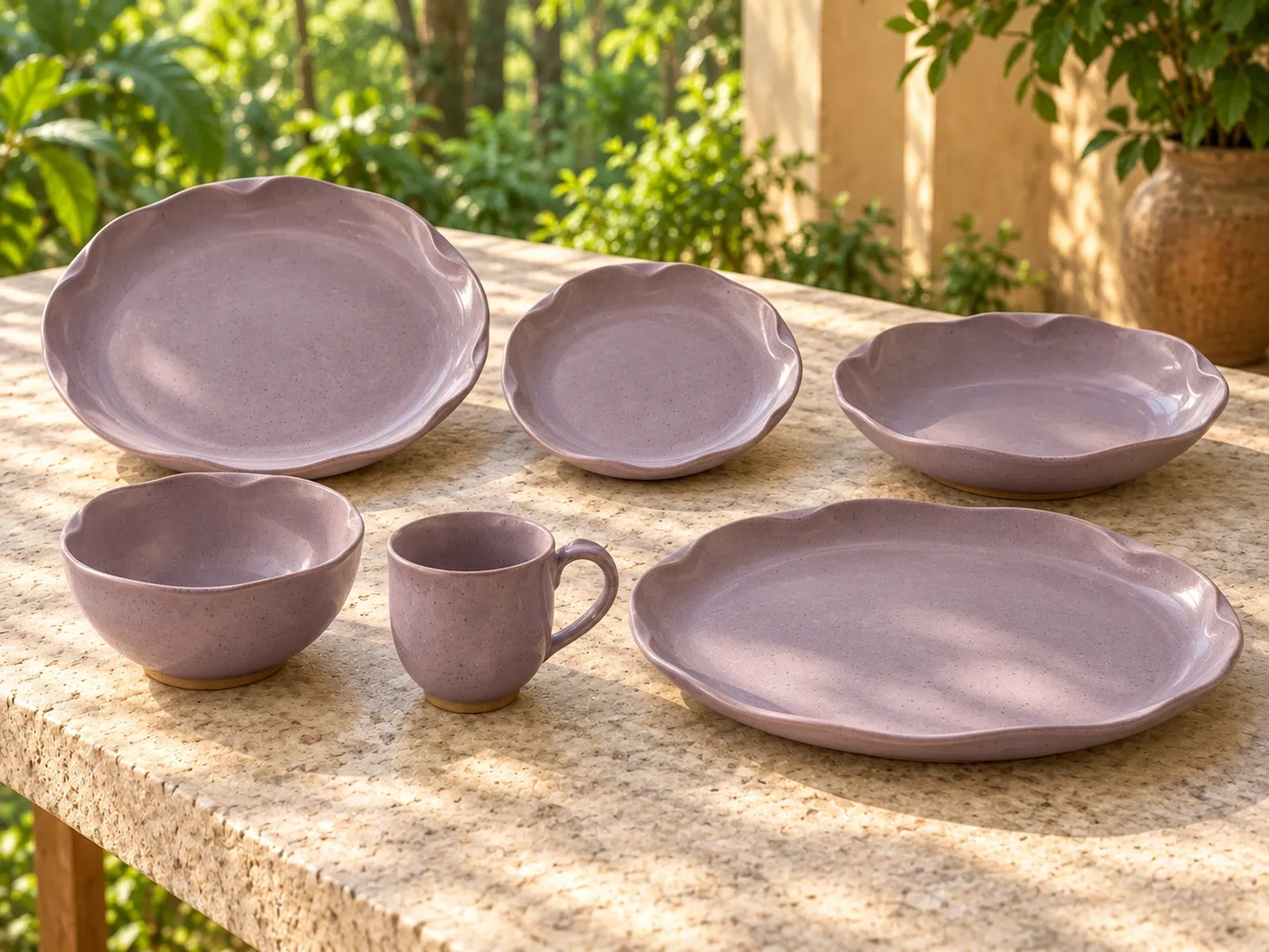 Kurinji six-piece stoneware range on a light limestone table.