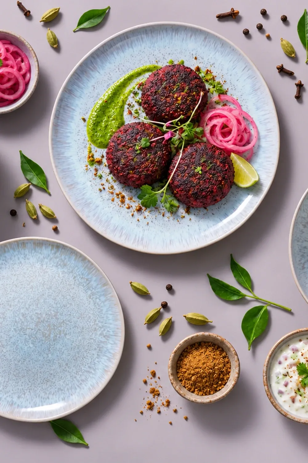 Light Blue Sea dinnerware arranged with beetroot galouti with mint-coriander chutney and pickled onion.