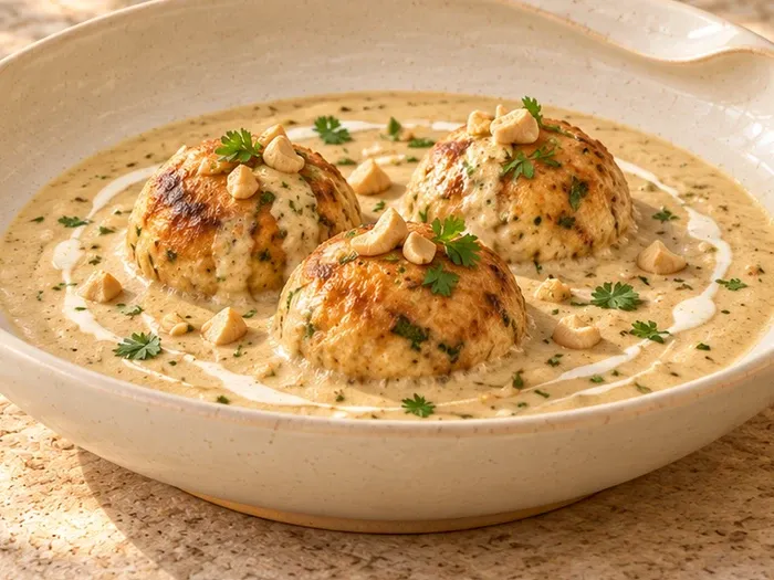 A close detail of paneer kofta in mild cashew gravy on Magizham stoneware.