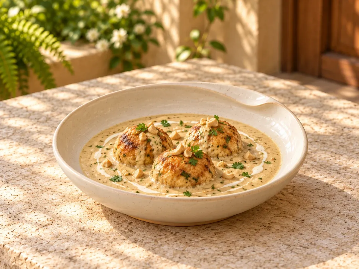 Magizham stoneware serving paneer kofta in mild cashew gravy.