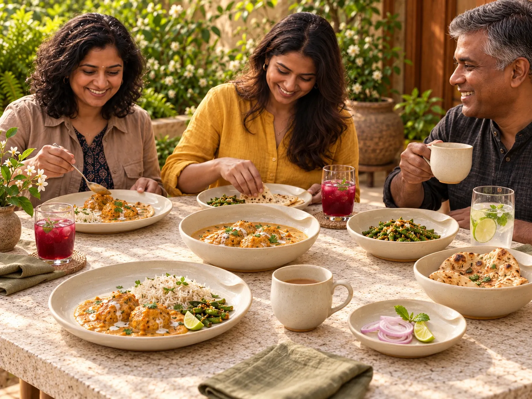 South Indian diners sharing an Indian meal with Magizham dinnerware.