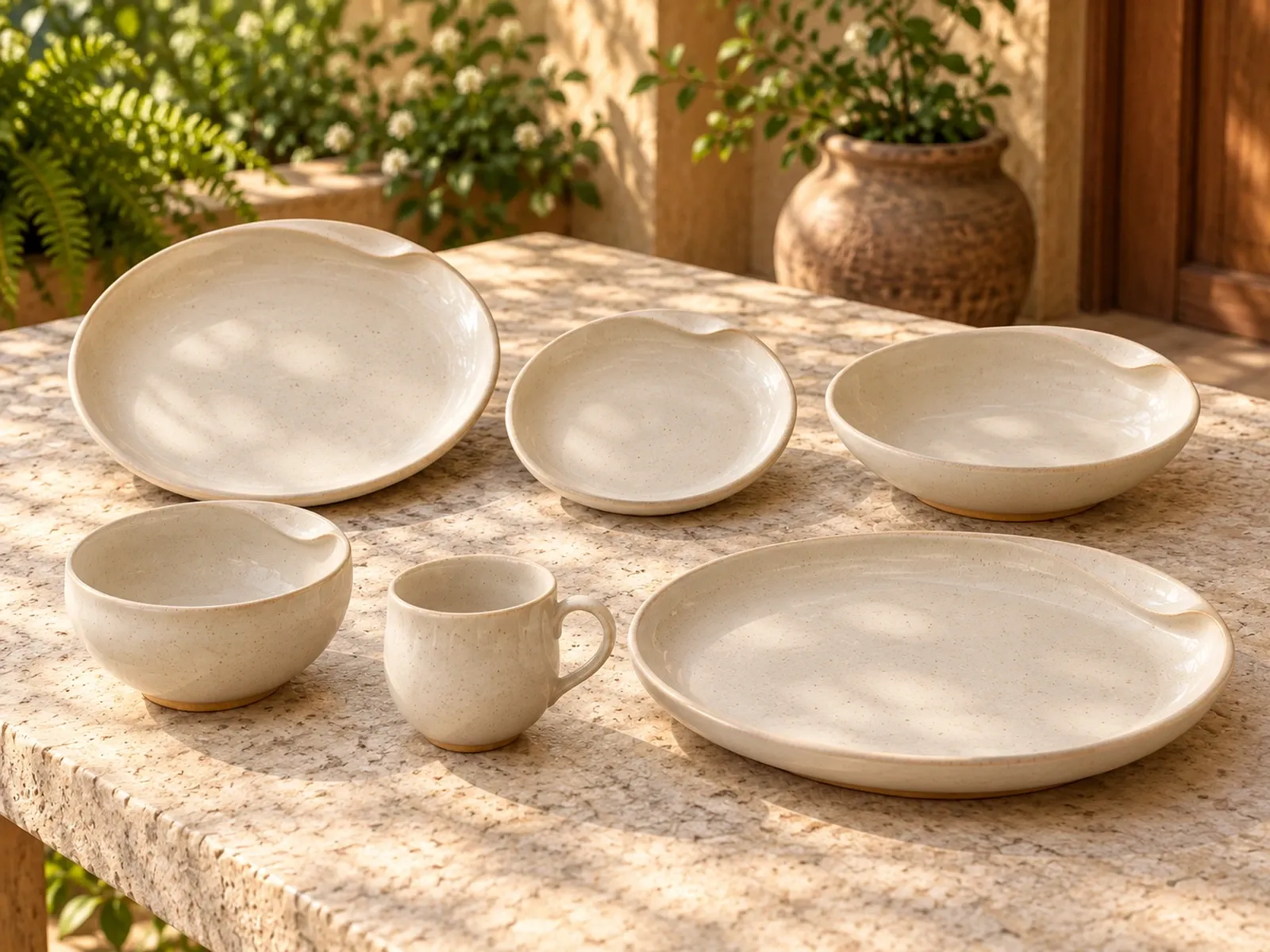 Magizham six-piece stoneware range on a light limestone table.