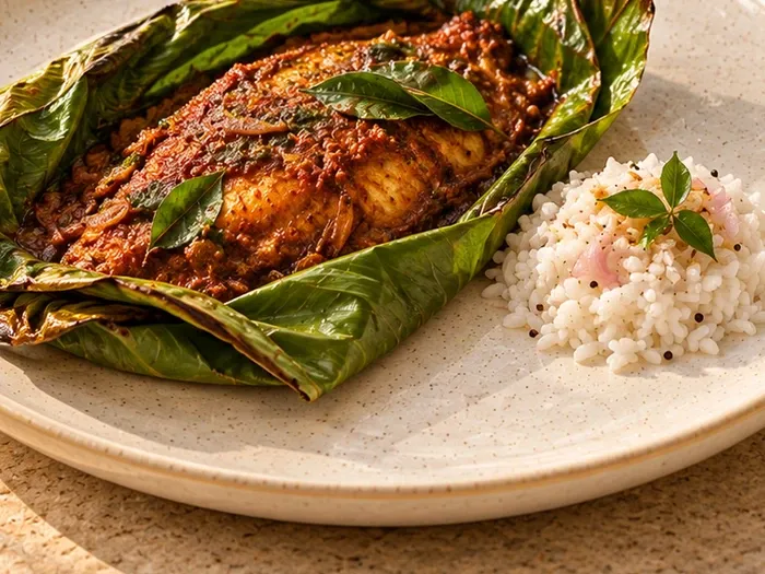 A close detail of meen pollichathu, partially opened banana leaf and small rice portion on Malabar stoneware.