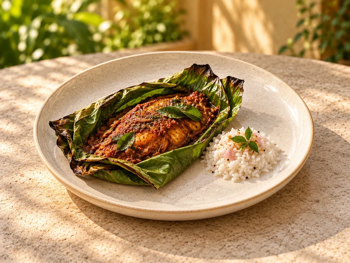 Malabar stoneware serving meen pollichathu, partially opened banana leaf and small rice portion.