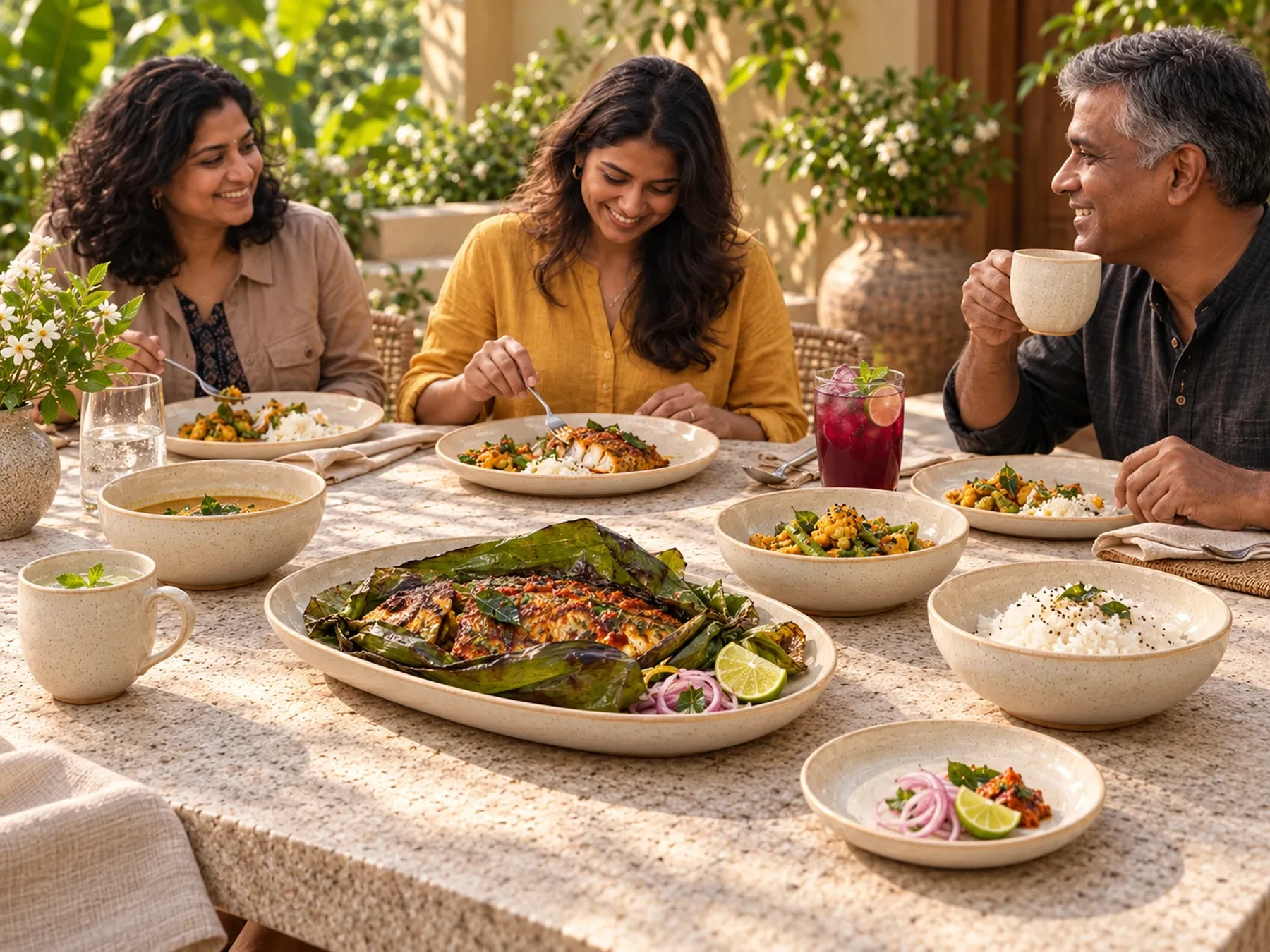 South Indian diners sharing an Indian meal with Malabar dinnerware.