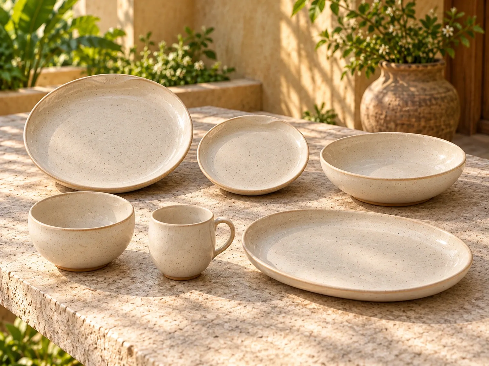 Malabar six-piece stoneware range on a light limestone table.