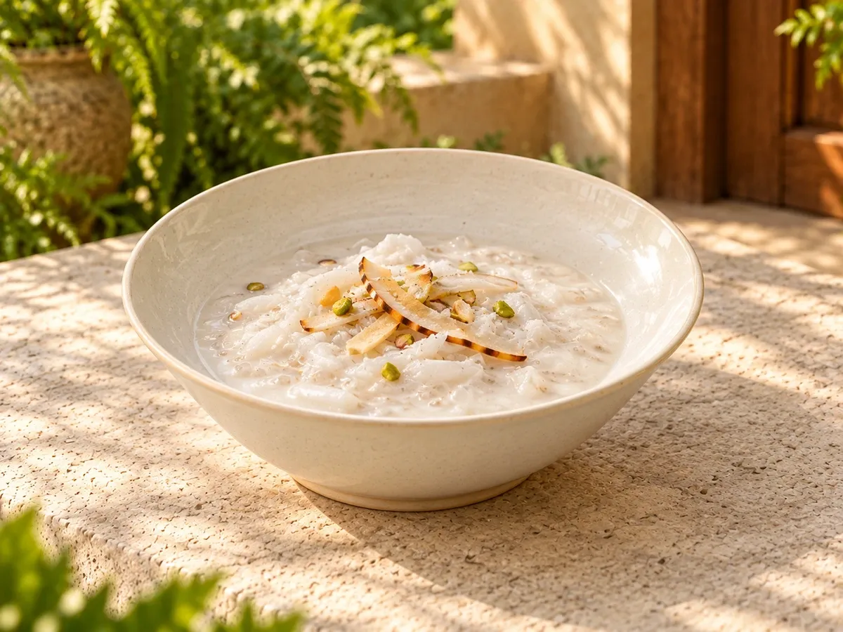 Malligai stoneware serving tender-coconut payasam with toasted coconut.