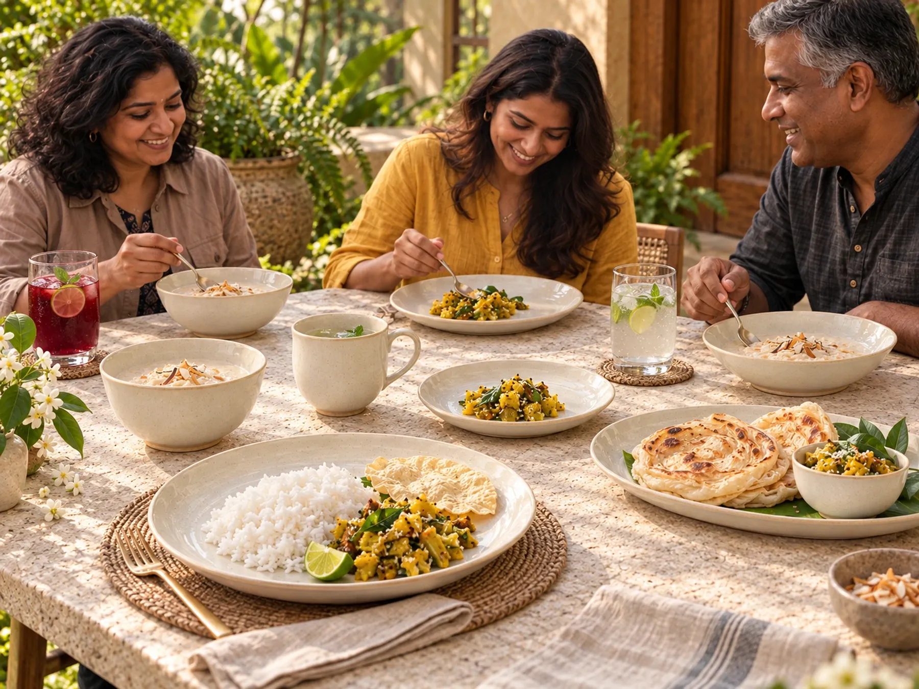 South Indian diners sharing an Indian meal with Malligai dinnerware.