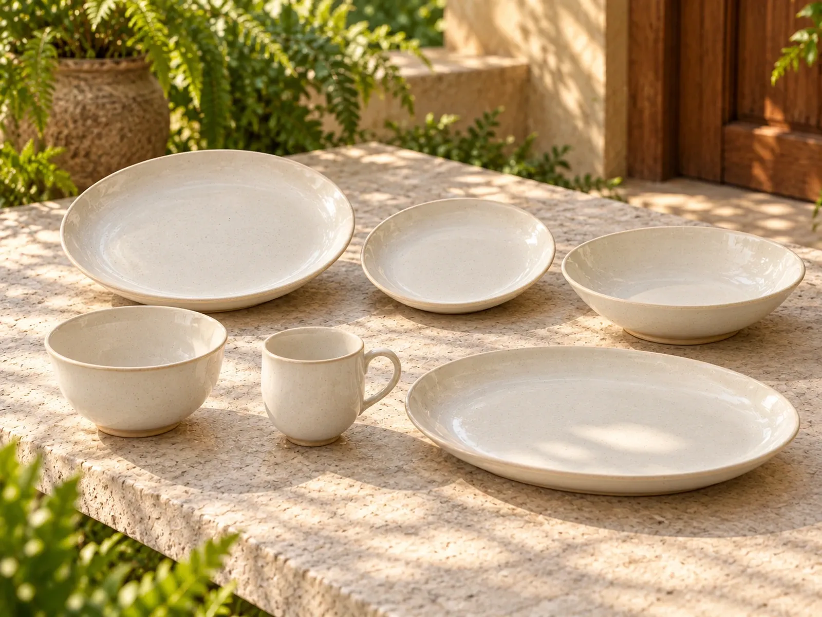 Malligai six-piece stoneware range on a light limestone table.