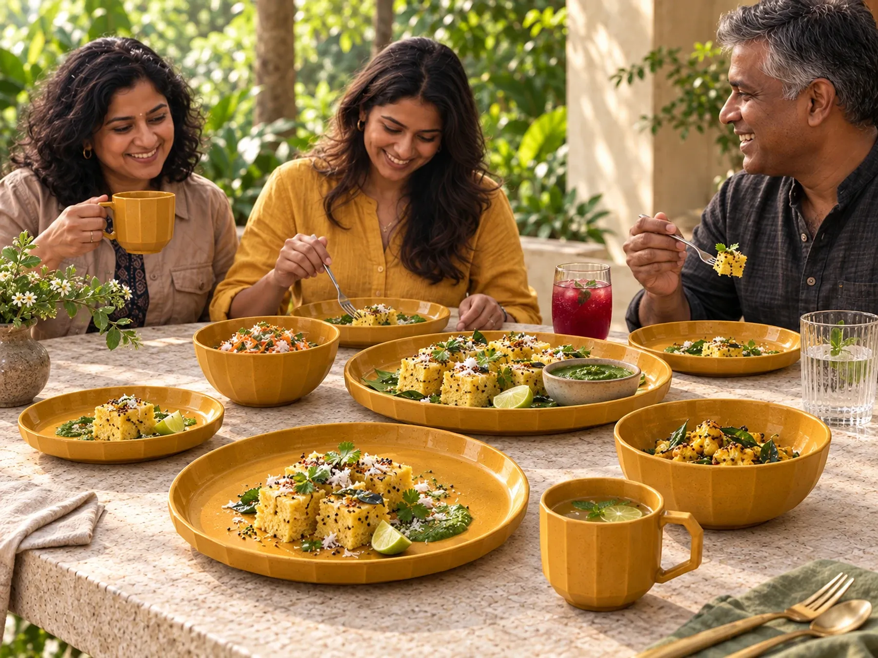South Indian diners sharing an Indian meal with Manjal dinnerware.