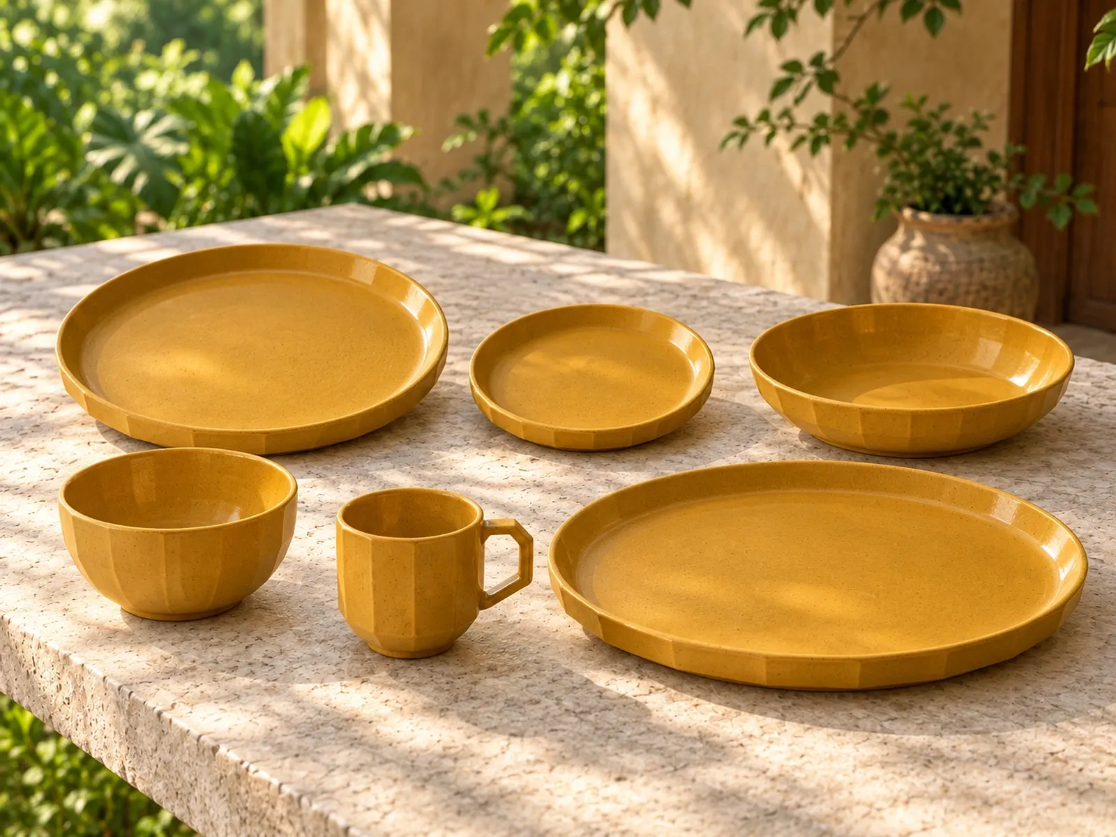 Manjal six-piece stoneware range on a light limestone table.