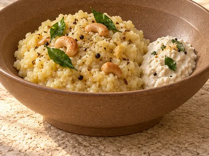 A close detail of millet ven pongal with coconut chutney served alongside on Marudham stoneware.