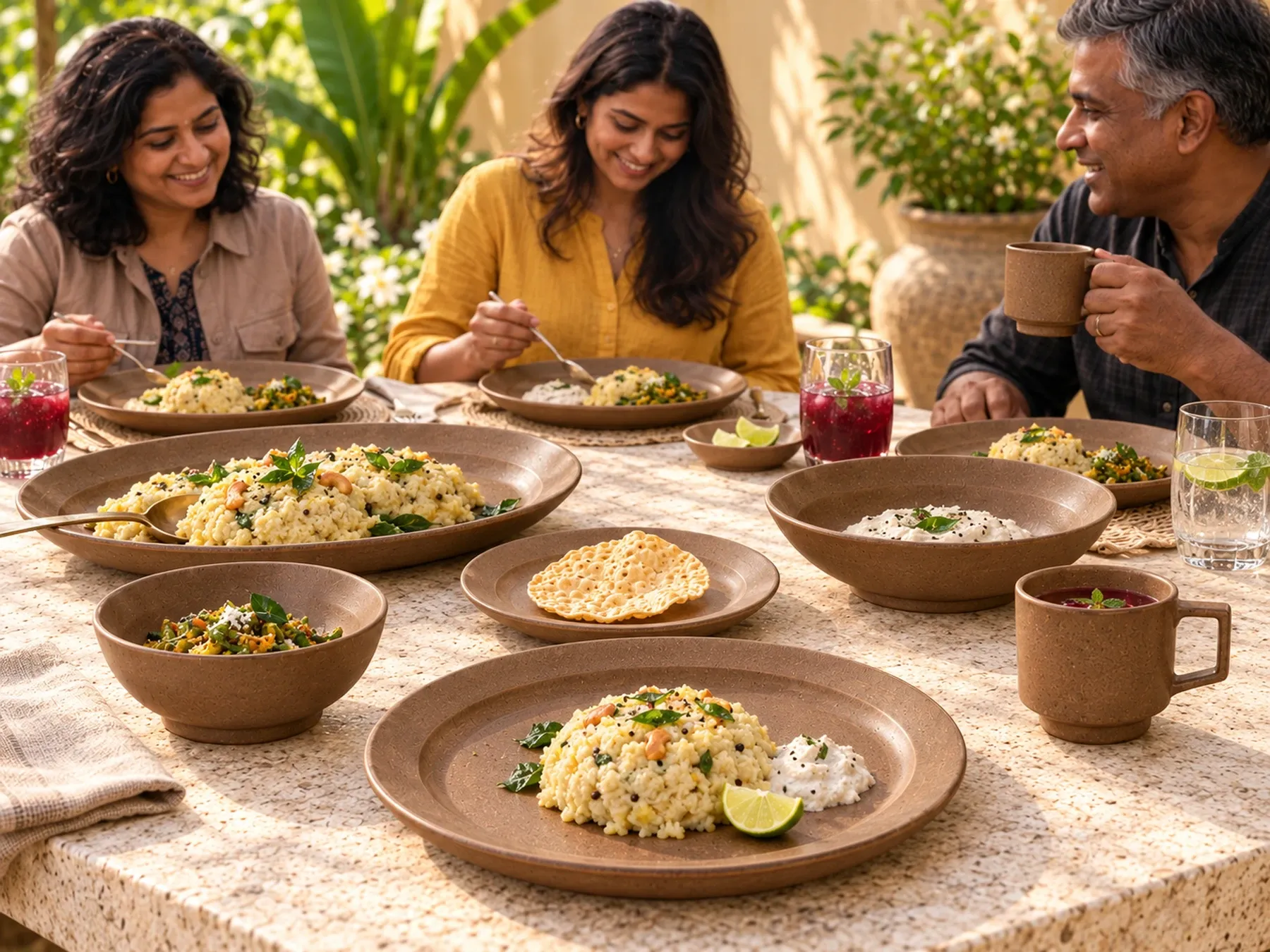 South Indian diners sharing an Indian meal with Marudham dinnerware.