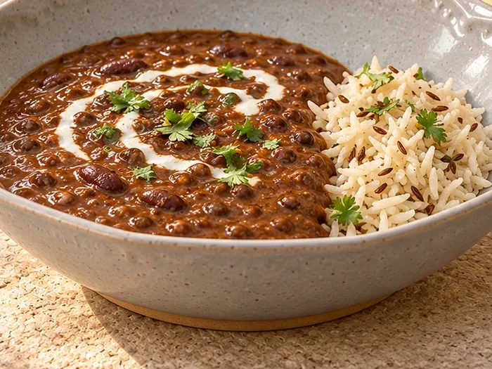 A close detail of dal makhani with a small cumin-rice accompaniment on Mazhai stoneware.