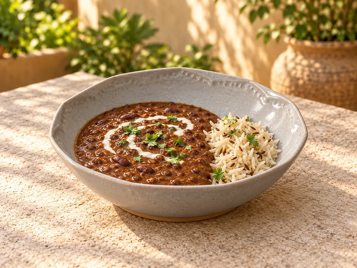 Mazhai stoneware serving dal makhani with a small cumin-rice accompaniment.