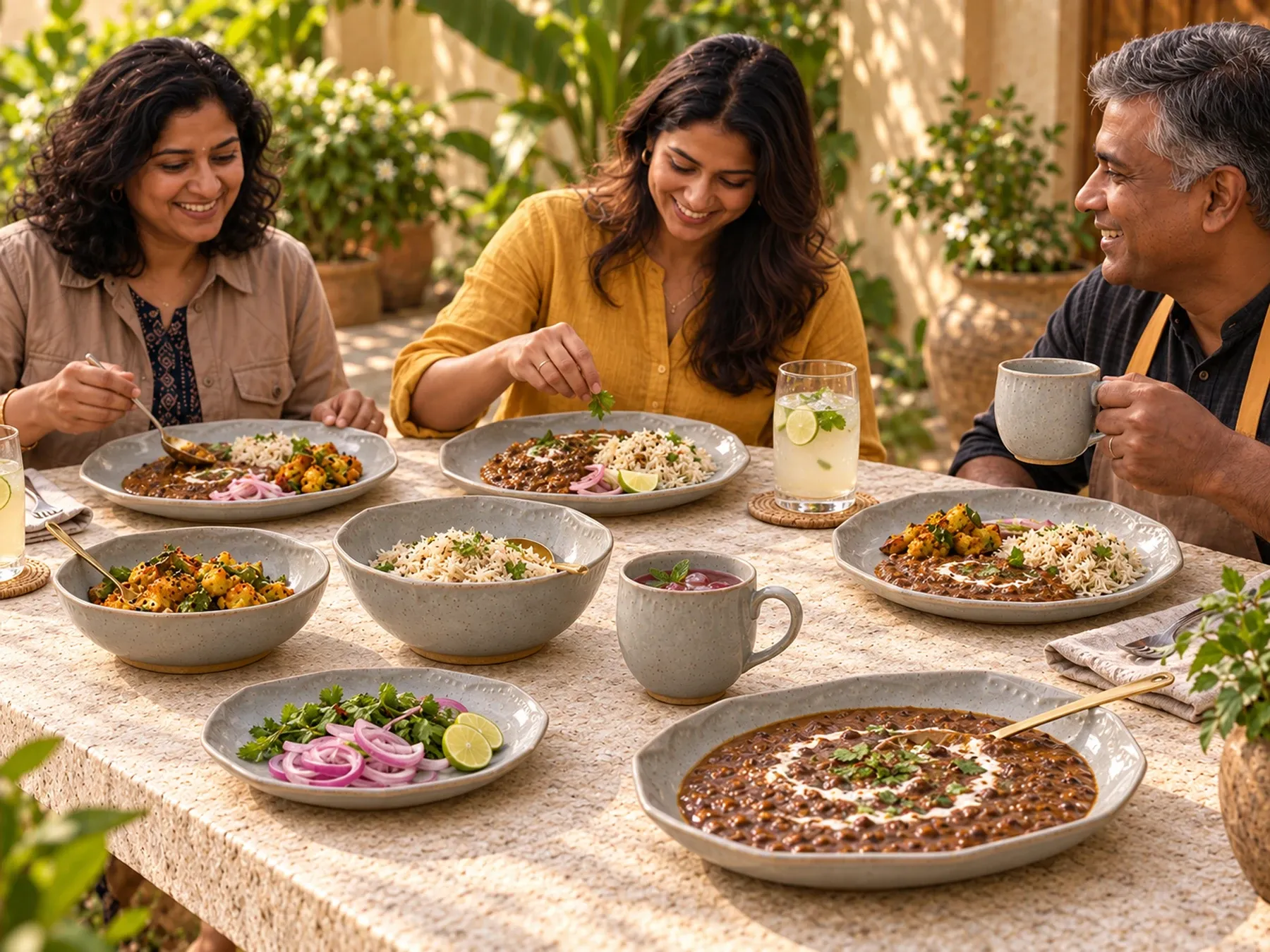 South Indian diners sharing an Indian meal with Mazhai dinnerware.