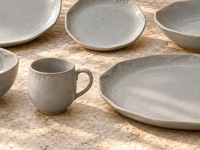 A close detail of Mazhai stoneware forms and glaze.