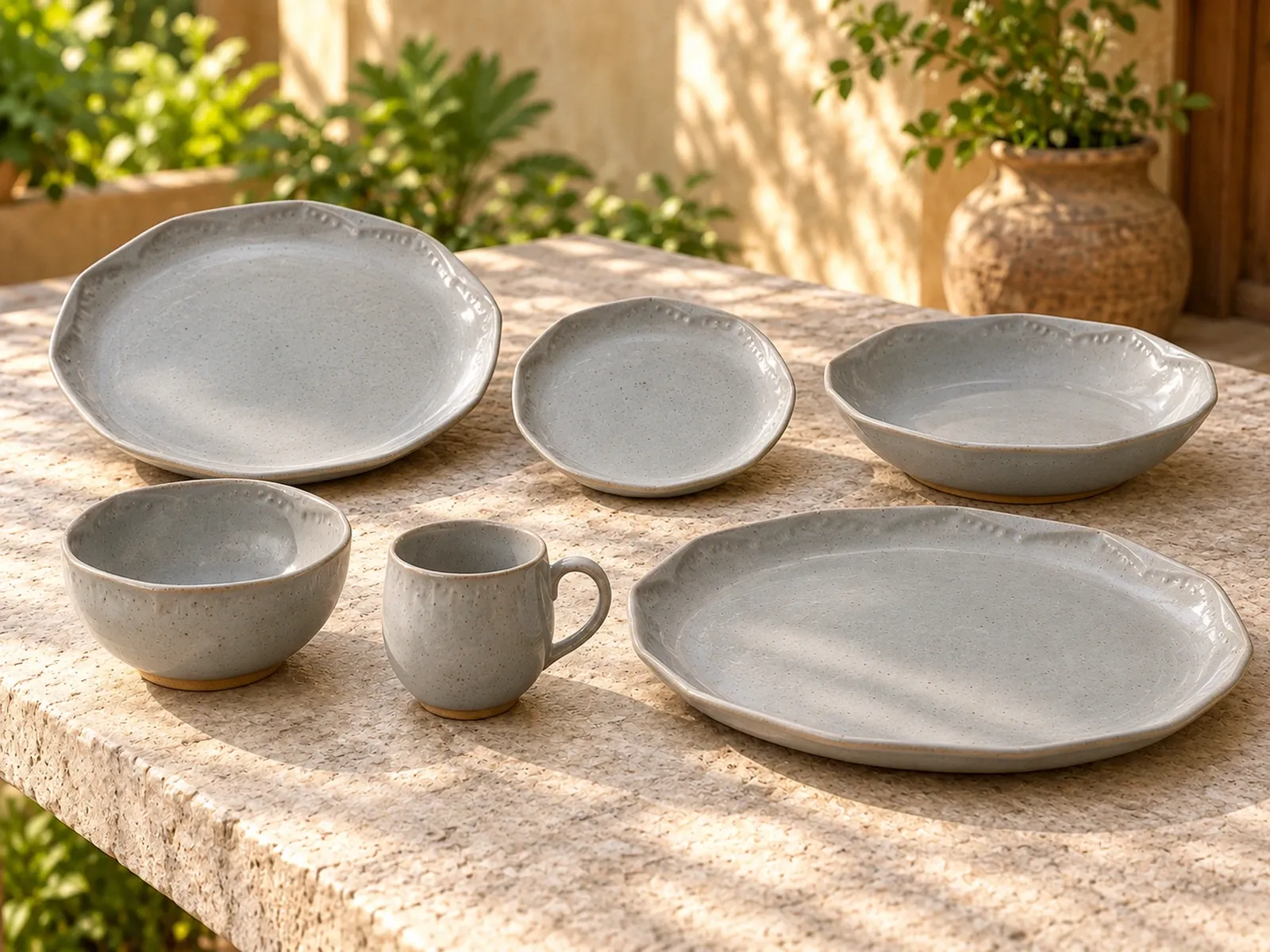 Mazhai six-piece stoneware range on a light limestone table.
