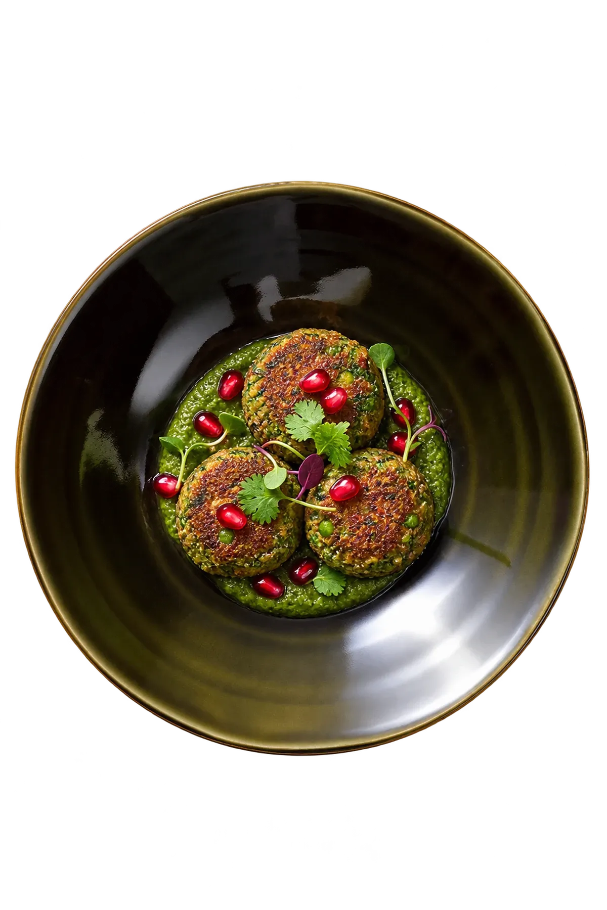 Midori dinnerware serving hara bhara kebabs with green chutney and restrained pomegranate garnish.