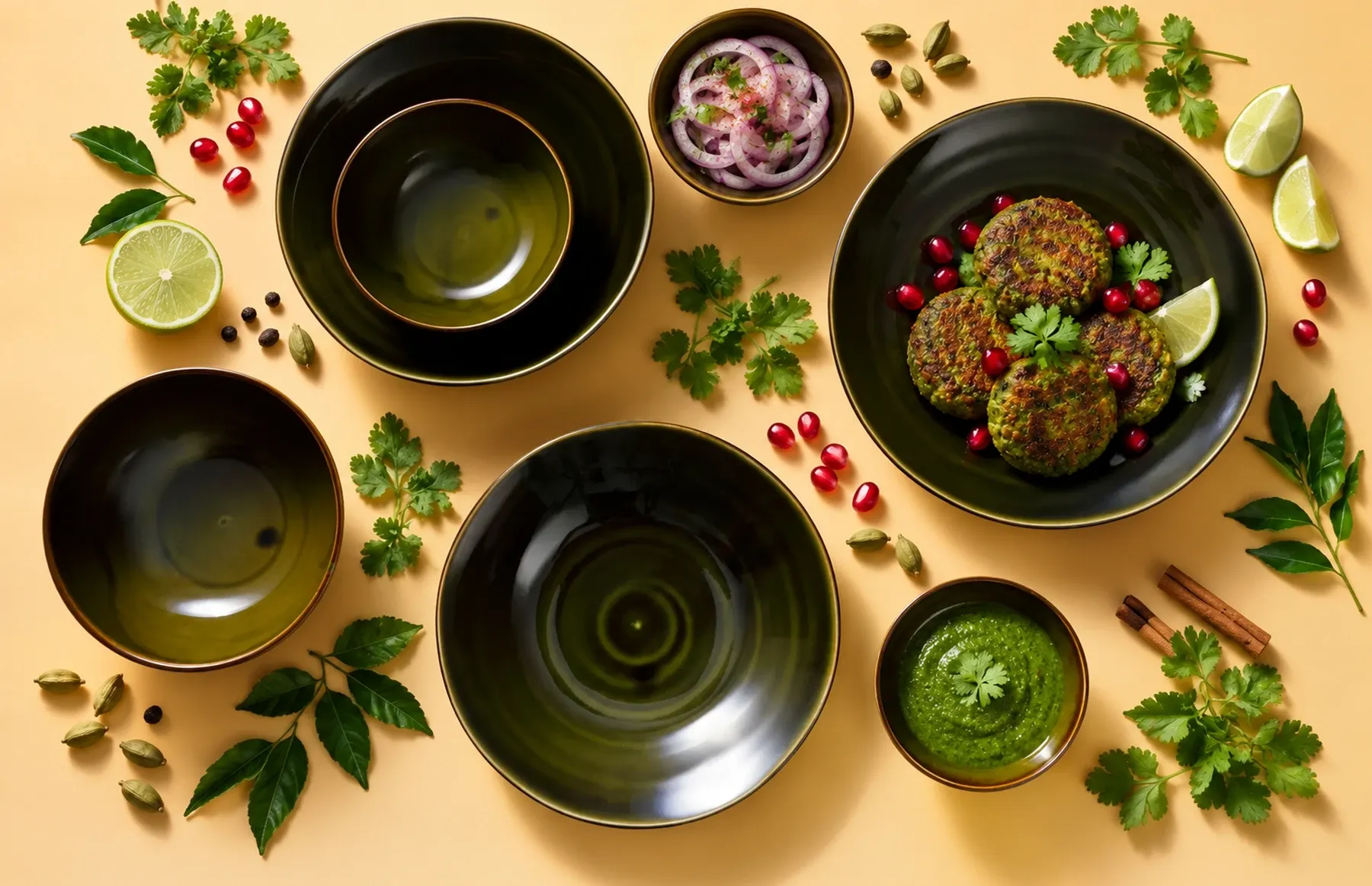 Midori dinnerware arranged with hara bhara kebabs with green chutney and restrained pomegranate garnish.