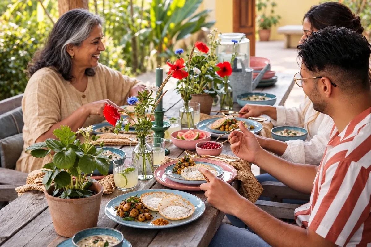 South Indian courtyard table gathering.